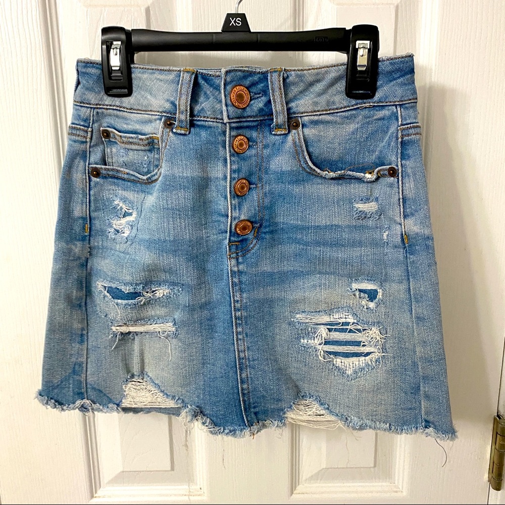 Distressed high waisted denim skirt